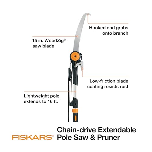 Fiskars 2-in-1 Extendable Pruner and Pole Noticed (7-16 ft) for Tree Trimming – Chain-Drive Tree Trimmer for Slicing Branches as much as 1.25" Diameter with 3x Energy, Backyard Instruments