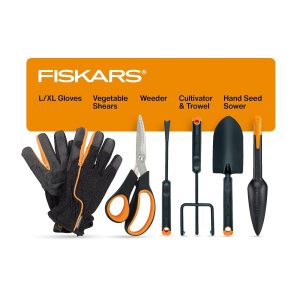 Fiskars 6-Piece Vegetable Backyard Instrument Set: Consists of Vegetable Shears, Seed Sower, Trowel, Cultivator, Weeder, and L/XL Backyard Gloves for Indoor and Outside Gardening