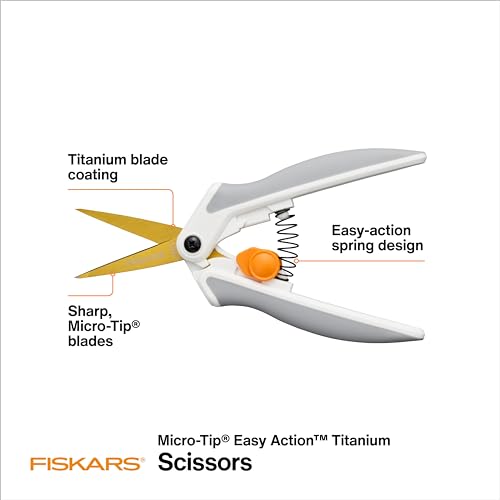 Fiskars Simple Motion Micro-Tip Titanium Scissors with Sharp Blades for Exact Reducing and Angled Cuts, That includes a SoftGrip Deal with